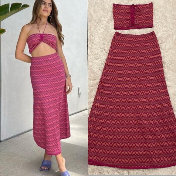 Zara 2 piece set pink purple crop bandeau top with long skirt Size Small